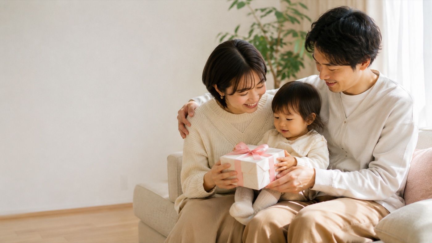 家族で出産祝いのギフトを囲む様子