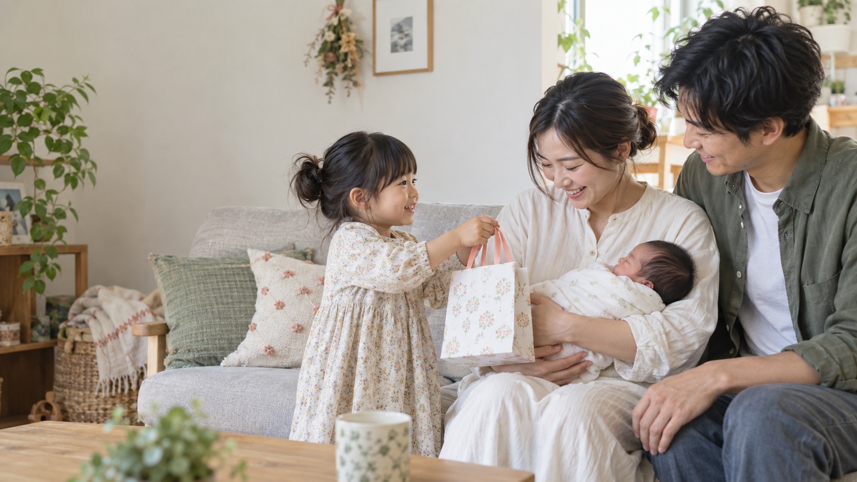上の子が贈り物を手渡す、赤ちゃんと両親の4人家族を描いた生成画像